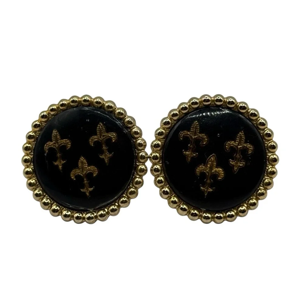 Fleur De Lis Cufflinks Vintage Black Enamel Round Ball‎ Metal Edges Gold Tone